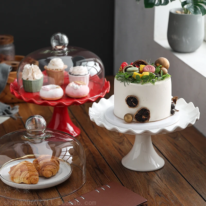 Ceramic tall cake tray bread dessert table display stand wedding red afternoon tea glass cover