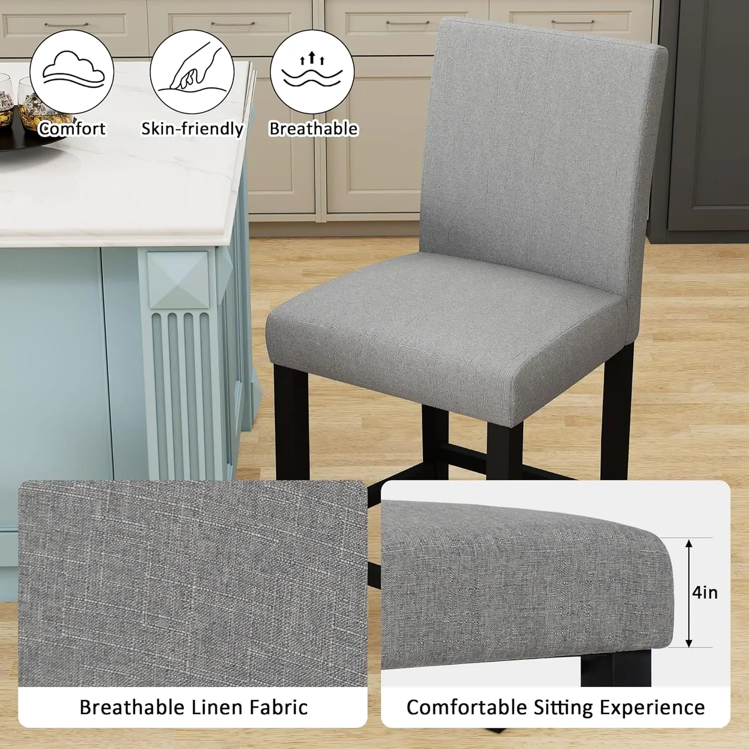 Barhocker, 2er-Set, 24,8 Zoll gepolstert, graue Thekenhöhe, moderne Barstühle aus Holz mit Rückenlehne