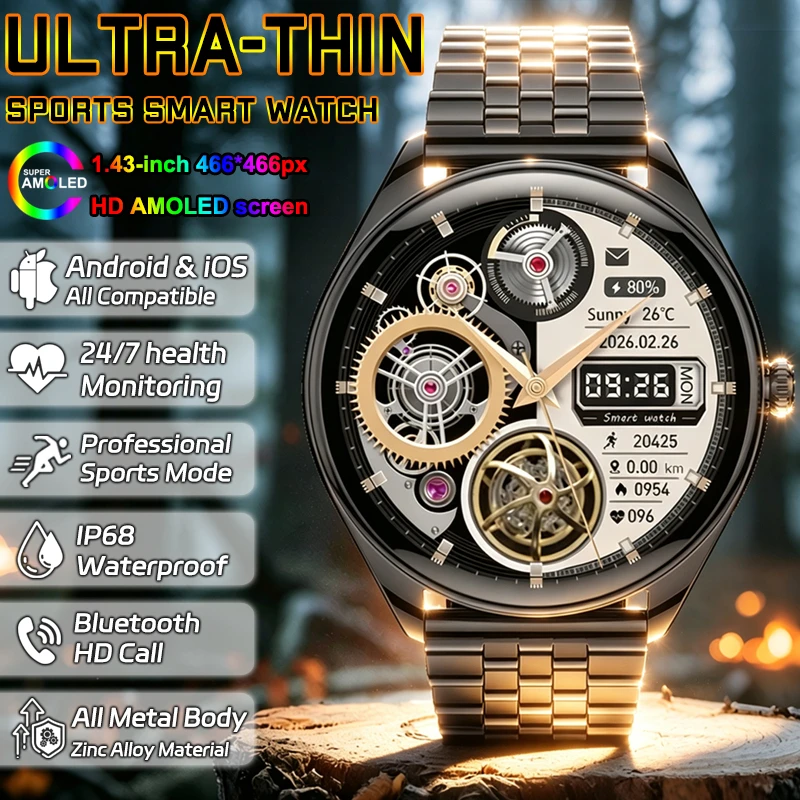 2026 New Ultra Thin Sports Smart Watch Men AMOLED Screen Heart Rate Sleep Fitness Tracker IP68 Waterproof Call Smartwatch Woman