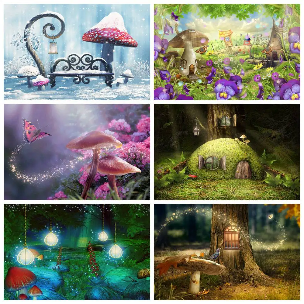 

Fairy Forest Mushroom Backdrop Photography Birthday Decoration Custom Children Lighting Flowers Cabin Party Photocall Background