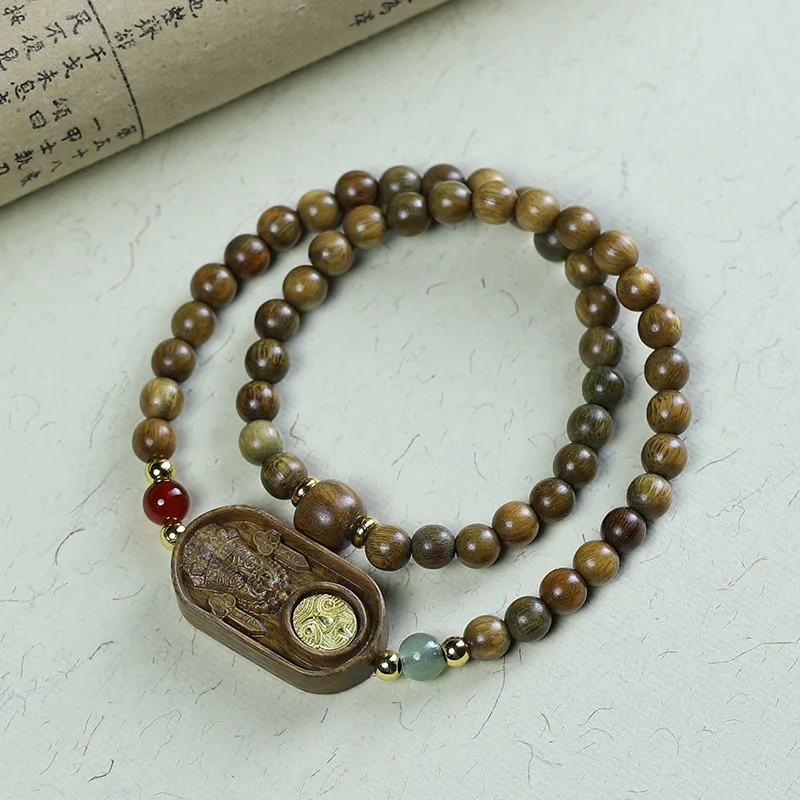 

Green Sandalwood Carved Zakiram Brand Accessories Bracelet Female Ethnic Style Double-Circle Wooden Lucky Buddha Bead HandString
