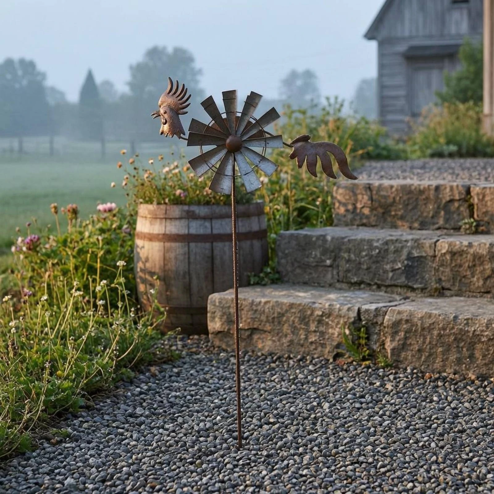Rustic Rooster Whirligig Stake Double-Sided Rooster Yard Stake Wind-Driven Outdoor Decor Tall Realistic Look for Flowerpot
