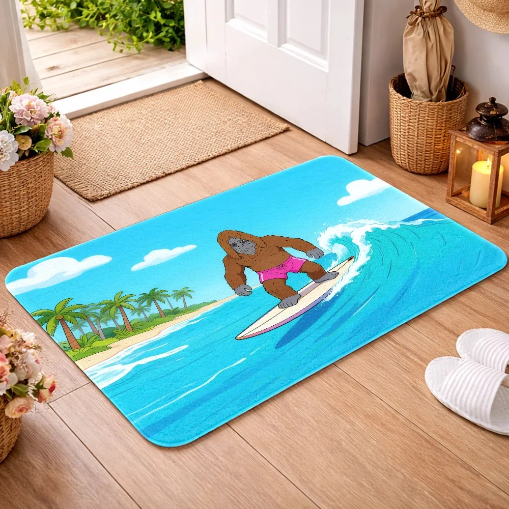 [2D Flat] Fun Gorilla Surfing Print Flannel Floor Mat Bathroom Mat Home Door Absorbent Doormat Bedroom Living Room