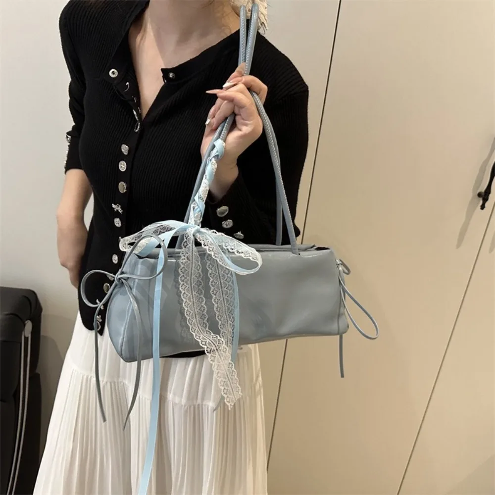 

New Bow Lace Shoulder Bag Solid Color Casual Women Armpit Bag PU Leather Small Square Bag Tote Bags