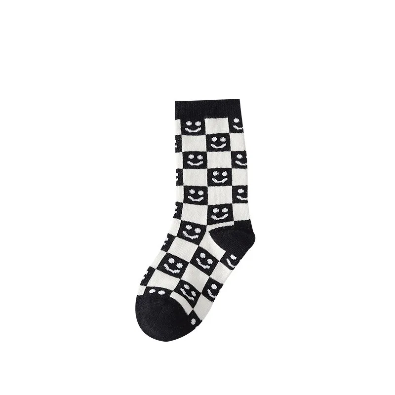 3 Pairs of Spring and Fall Children Cute Smiley Fashion Checkerboard Cartoon Comfortable Socks for Boys and Girls