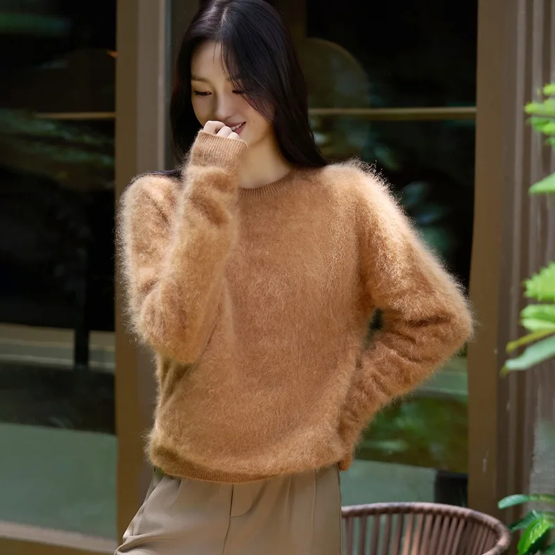 

Seamless One-Piece Cashmere Wool Blend Brushed Sweater Women'S Round Neck Pullover Autumn Winter New Comfortable Base Layer