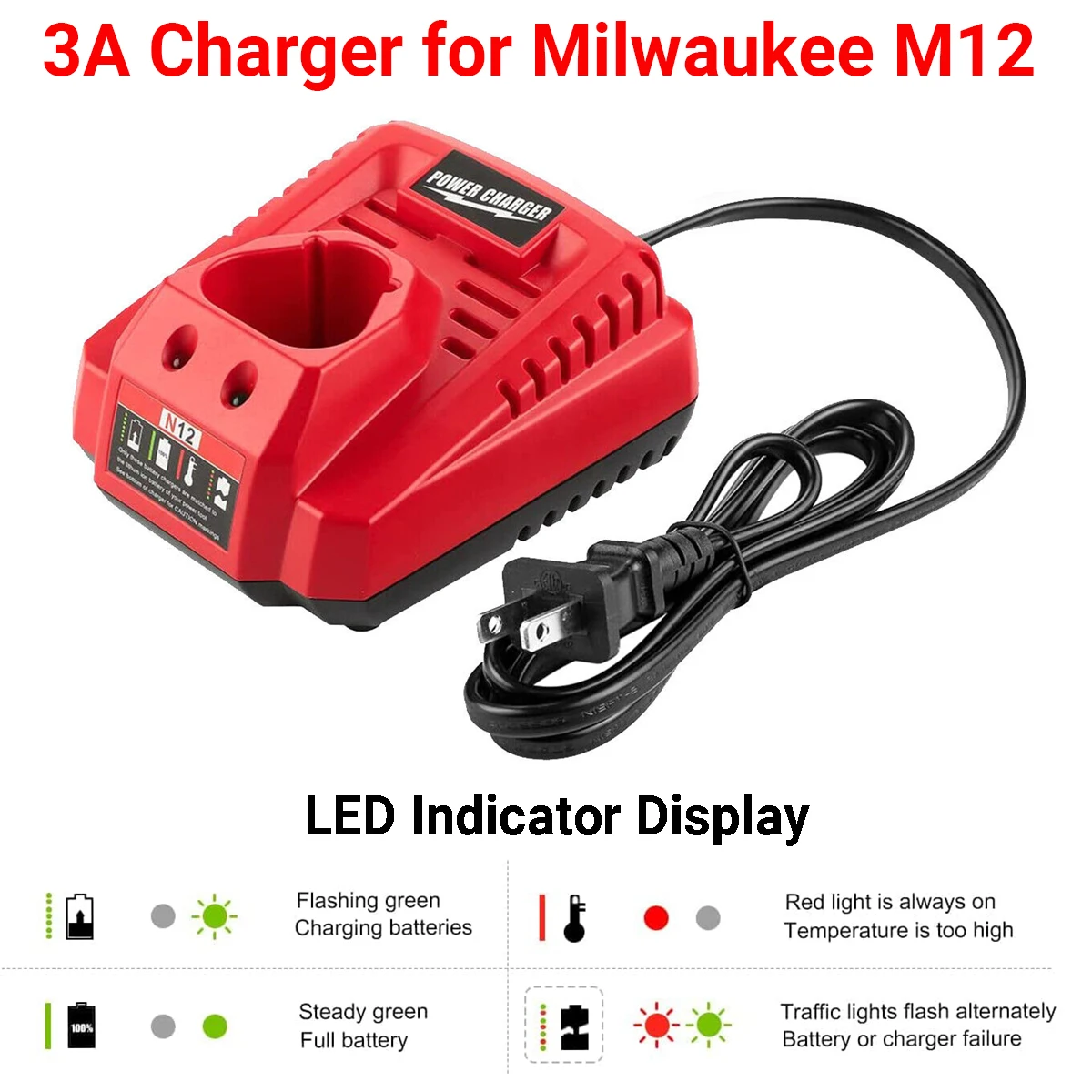 リチウムイオン電池充電器,リチウム電力の交換,短い回路保護,milwaukee m12,n12,48-59-2401, 48-11-2402,3a,10.8v,12v