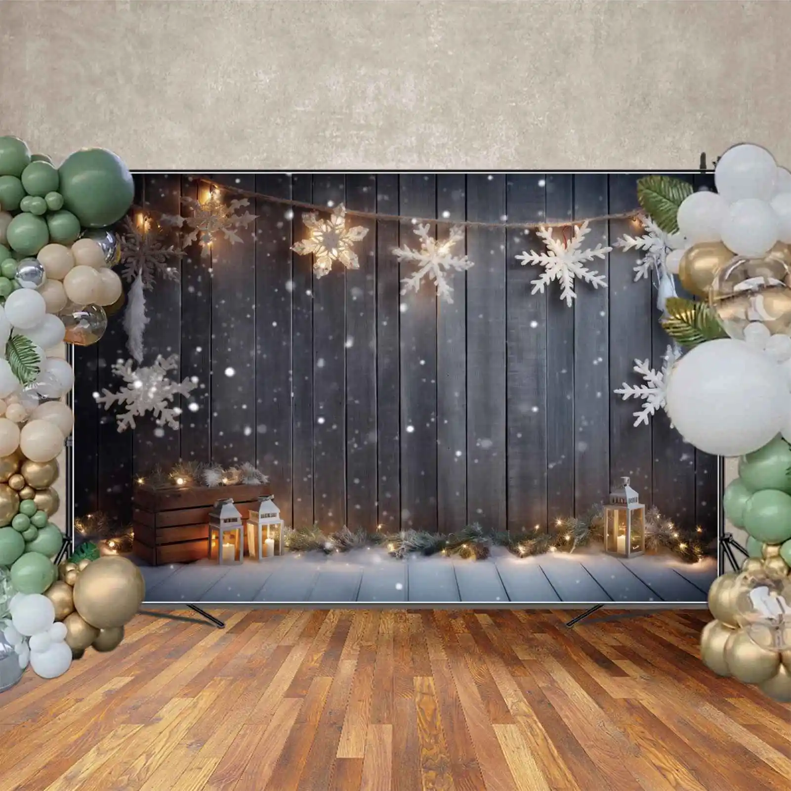 Mon.qg ไฟประดับผนังฉากหลังคริสต์มาสไฟรูปเกล็ดหิมะไม้ขนนกพื้นหลังสำหรับงานเลี้ยงออกแบบได้ตามต้องการ