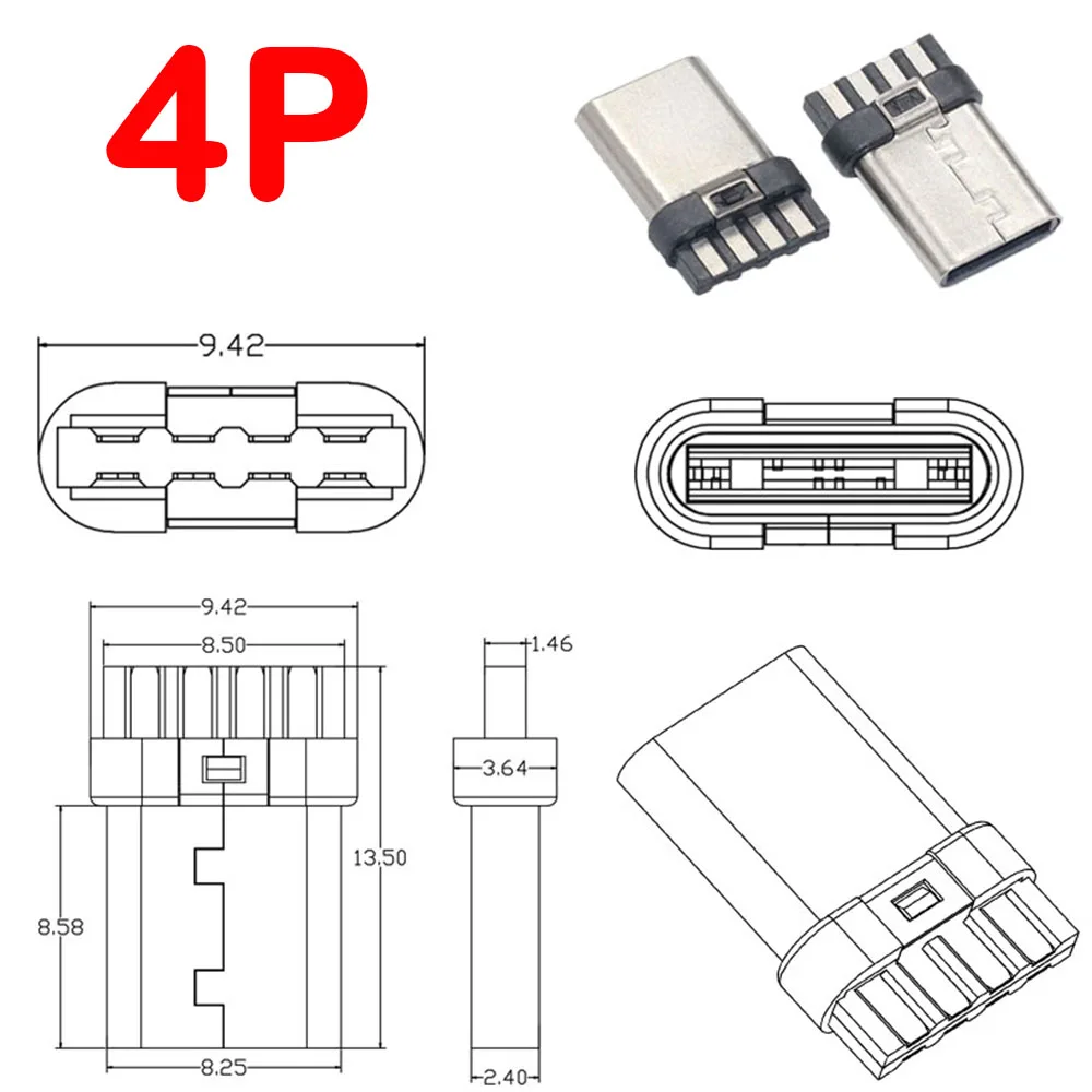 100pcs Type-C USB Jack 4Pin 4P Welding Wire Male Plug Connector Straight For Mobile Phone Charging Port Charging Socket Plug