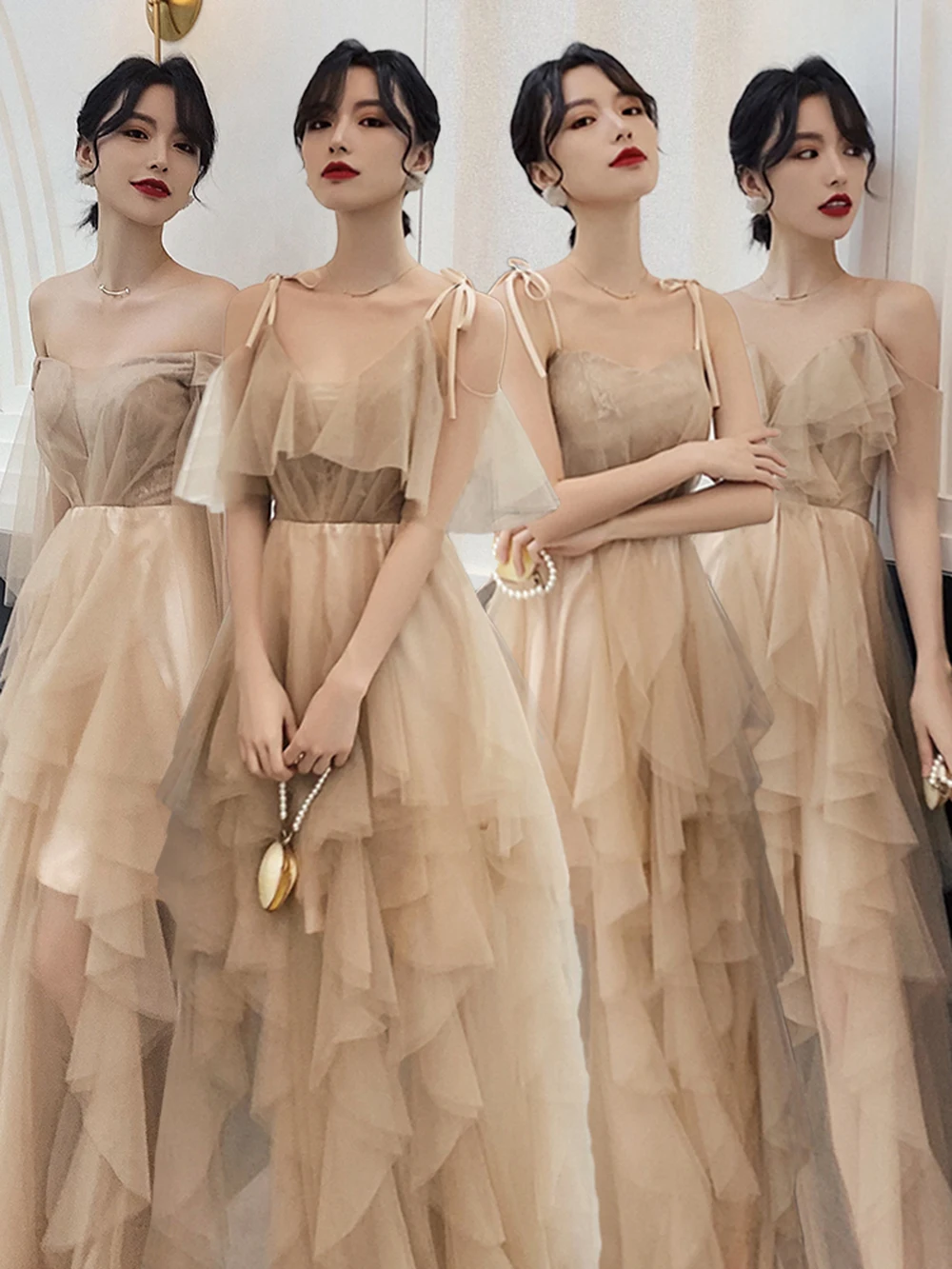 

4 Styles Champagne Bridesmaid Dress Women Elegant Strips Off Shoulder Prom Gown Patchwork Tiered Ruffles A-Line Vestido