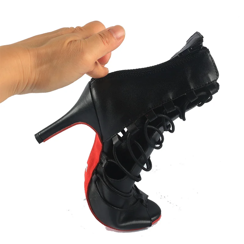 Wedopus Customized 8.5CM Black Microfiber Open Toe Heels Dance Boots Jazz Salsa Dancing Shoes Red Suede Soled