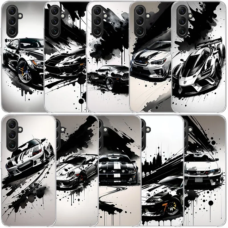 Black And White Super Luxury Sports Car Clear Phone For Samsung Galaxy A55 A35 A25 A15 A05S A04S A14 A24 A34 A54 A03S A13 A23 A3