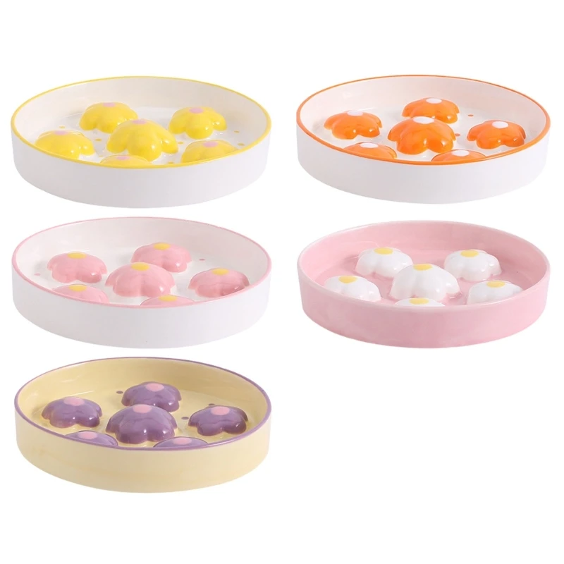 손으로 그린 ​​고양이 느린 피더 세라믹 접시 부드러운 둥근 그릇 비만 방지 크리 에이 티브 느린 피드 고양이 그릇