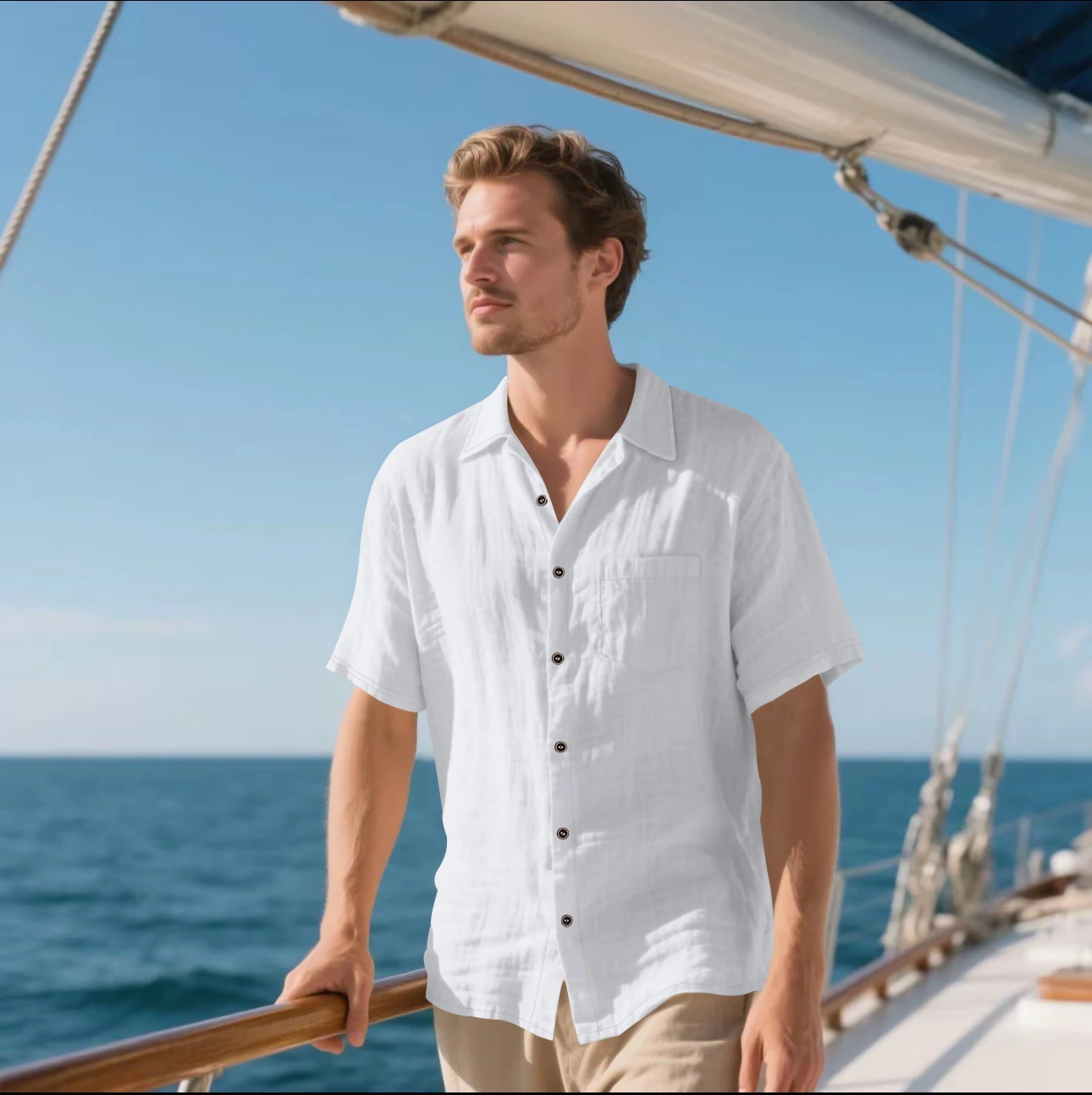 

Casual White Linen Short Sleeve Shirt for Men, Breathable, Lightweight, Ideal for Beach & Summer