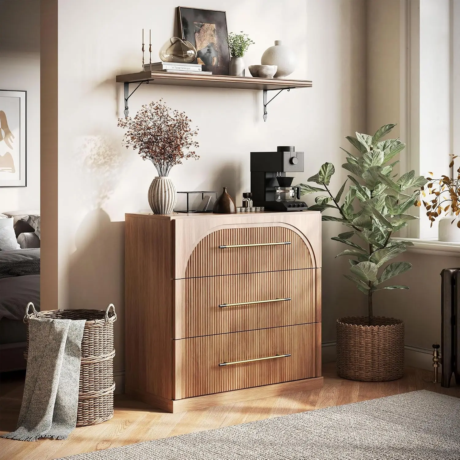 Fluted Modular Sideboard Cabinet, Classic Modern Buffet Credenza Storage Organizer, Living Room Kitchen Entryway Accent Display Console, Three Smooth Drawers, Camel, One Piece