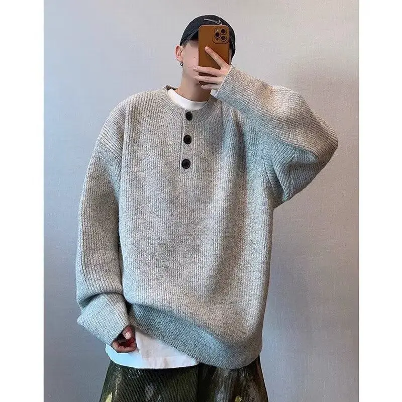 

Autumn Winter Men's Knitted Sweater Heavyweight Button up Henry Collar round Ne ey Lazy Sle Casual Comfortable Long Sve