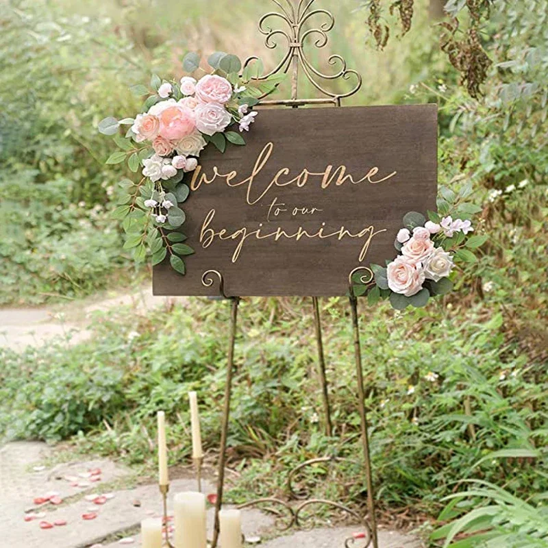 2 Pcs Artificial Wedding Arch Flowers Kit Wedding Flowers Garlands Silk Peony Flower Swag Welcome Sign Floral for Ceremony Party