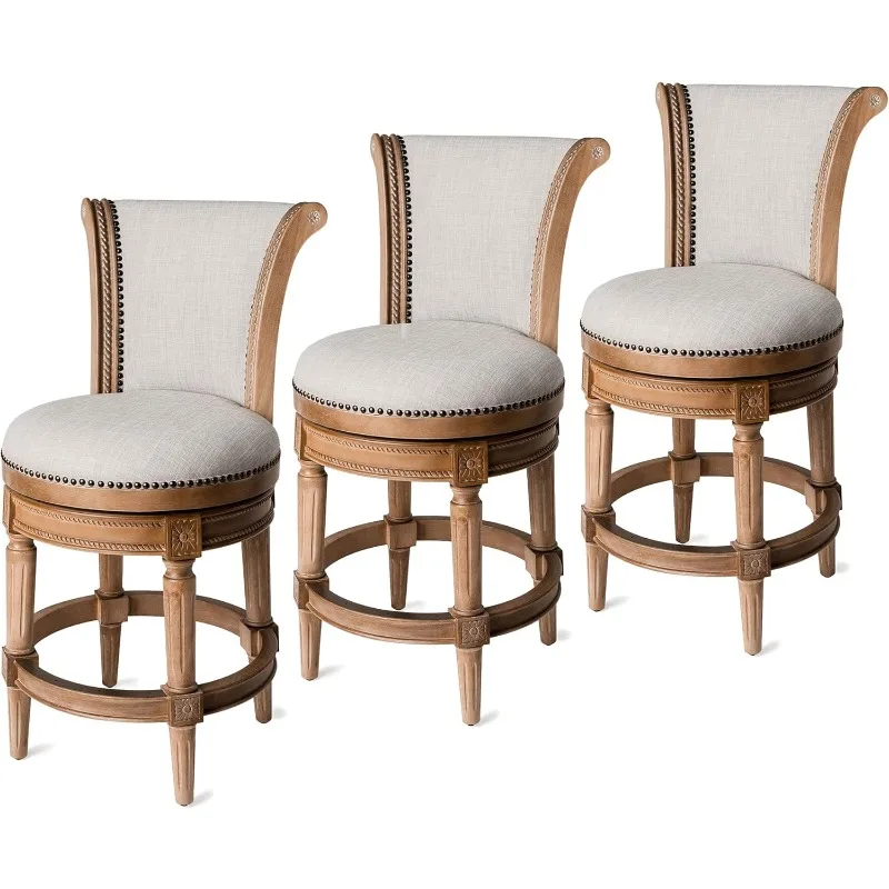 26 Inch Tall Counter Height Upholstered Barstool with Back in Weathered Oak Finish with Sand Color Fabric Cushion Seat, Set of 3