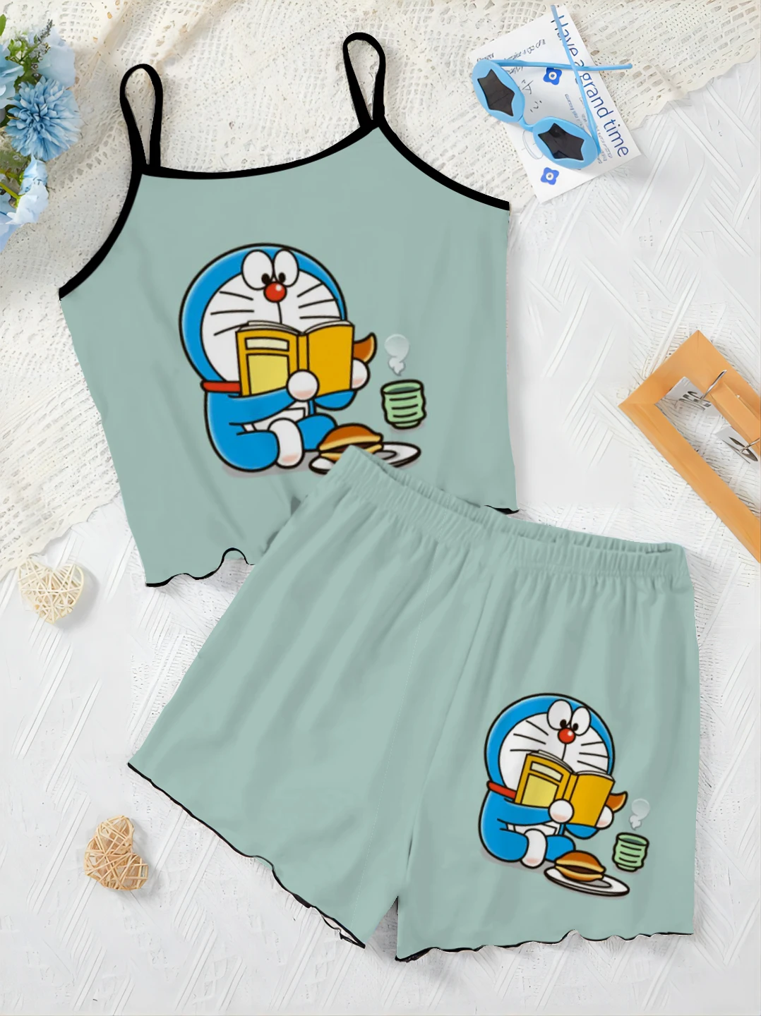 Home Dress Lettuce Trim Elegant Women's Sets for Women 2 Pieces Pajama Skirt Top Doraemon Satin Surface T-shirt Short Suit Top