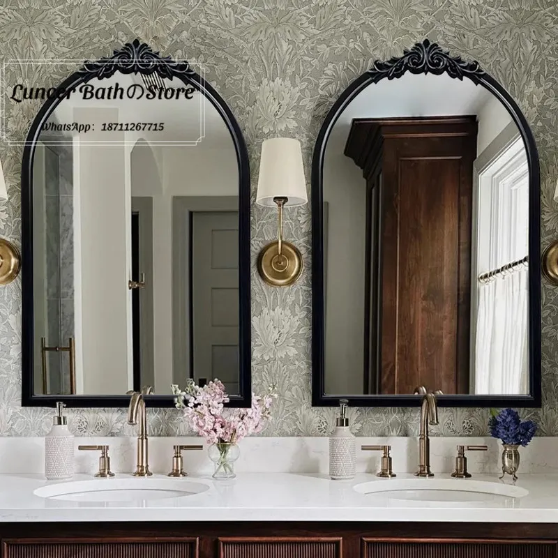 French toilet bathroom mirror wall-mounted black arched washbasin smart LED light defogging makeup mirror