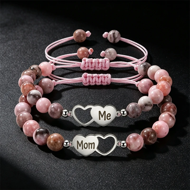 Stainless Steel Mom & Me Family Charm Beaded Bracelet for Women, Delicate Jewelry Gift for Mother, Birthday Mother's Day Present