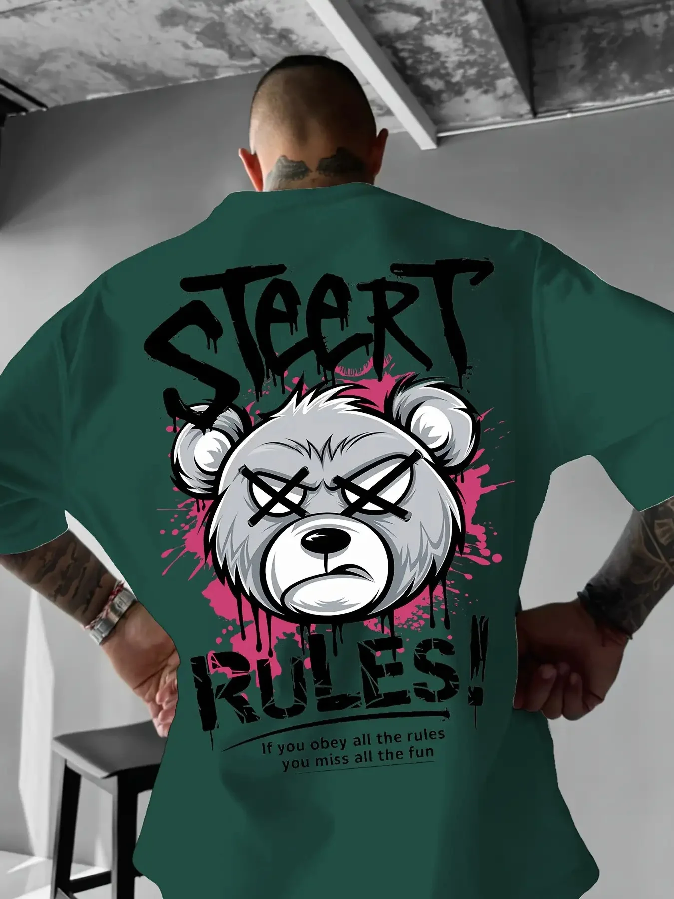 

European and American men's summer angry teddy bear letter print comfortable and breathable round neck T-shirt outdoor street to