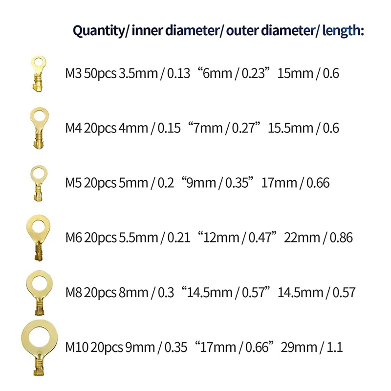 150PCS Copper Cable Ring Terminal Cable Lug Kit M3 M4 M5 M6 M8 M10 Open Barrel Wire Crimp Copper Terminal Connerctor Kit