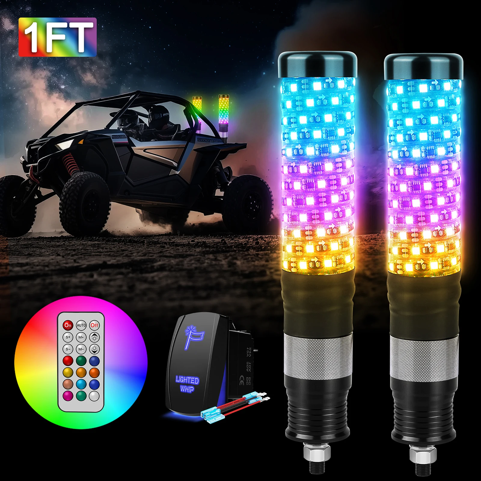 2PCS 1FT UTV ATV Fat Whip Lights für Side by Side Turn Signal Function, RGB+IC Chasing Colors, Fernbedienung Fahnenmast Lights