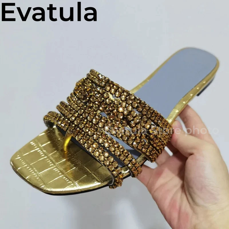 Blingbling strass infradito donna punta quadrata pantofole di cristallo piatto Fashion Party Mules Summer Beach Slides scarpe Femininas