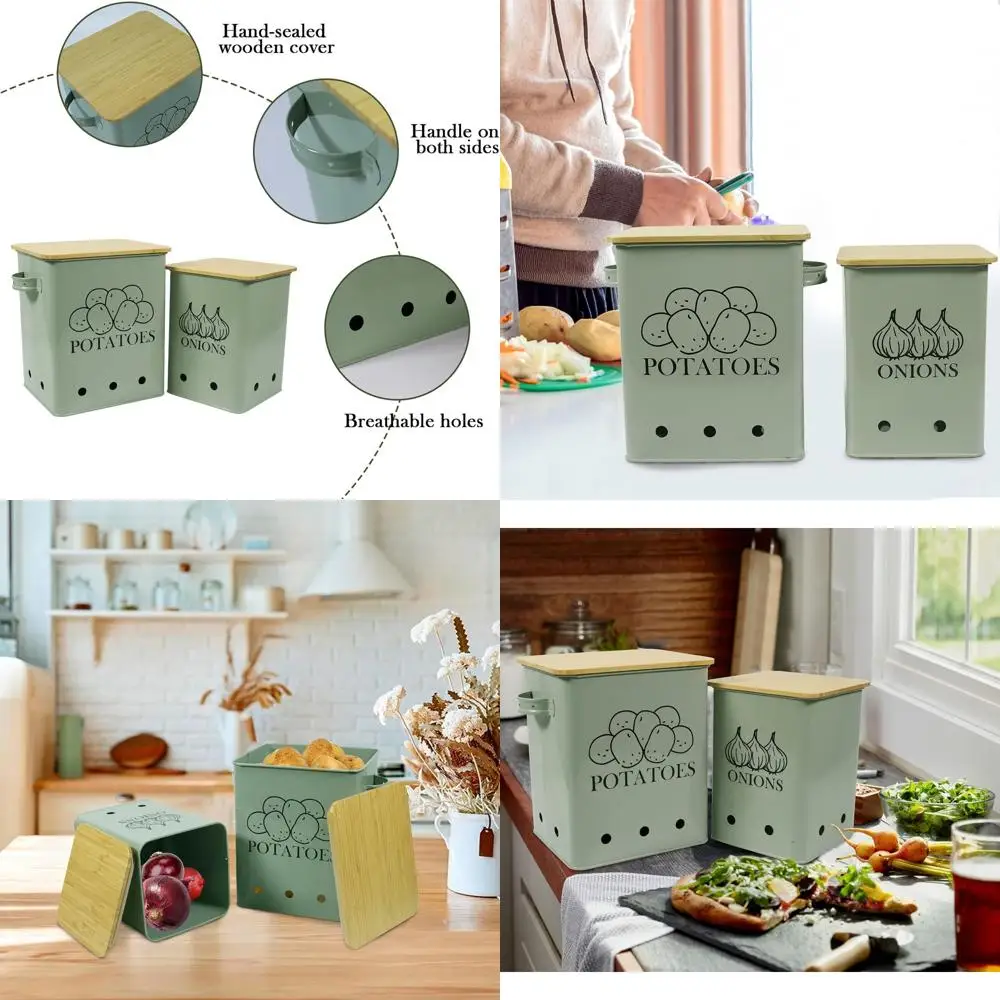 

Набор из 2 контейнеров для хранения овощей с деревянными крышками для картофеля, лука, чеснока - серо-зеленый