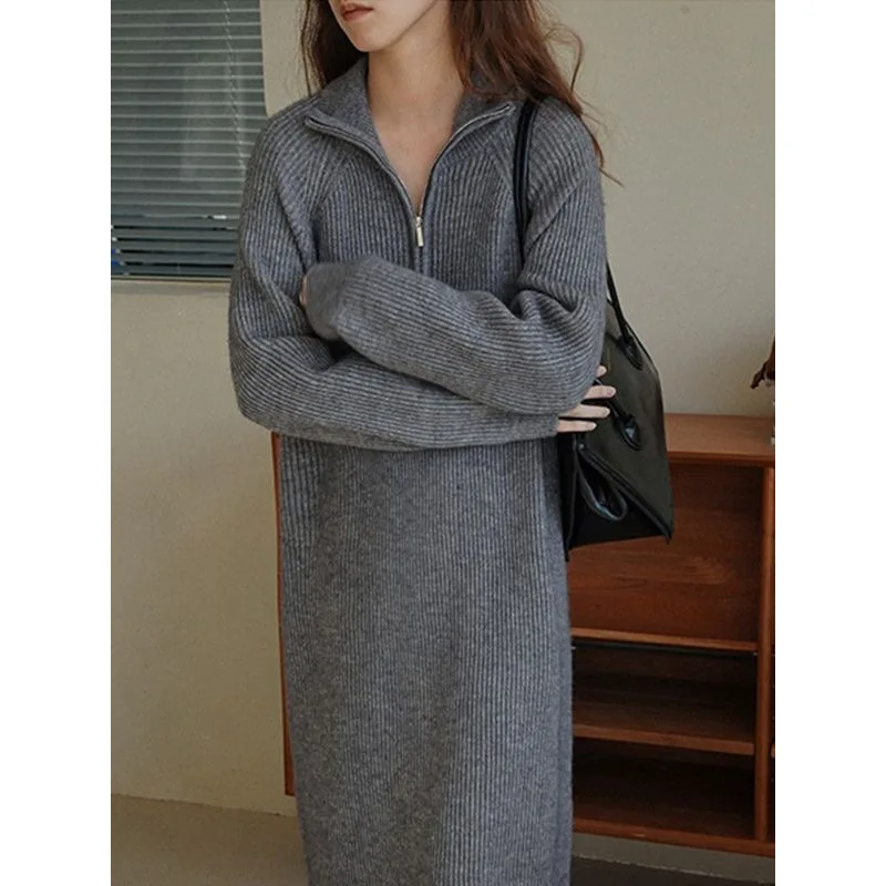 

Loose Knitted Sweater Dress Women's Autumn Winter New Style Korean Version Large Size over Knee mid Length Zipper Collar