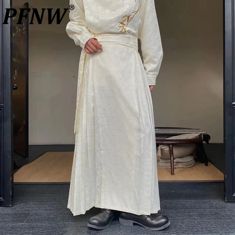 

PFNW Chinese Style Jacquard Male Pants Lace-up Pleated Men's Wide Leg Trousers Retro Chic Men Clothing Autumn New Stylish 9C2617