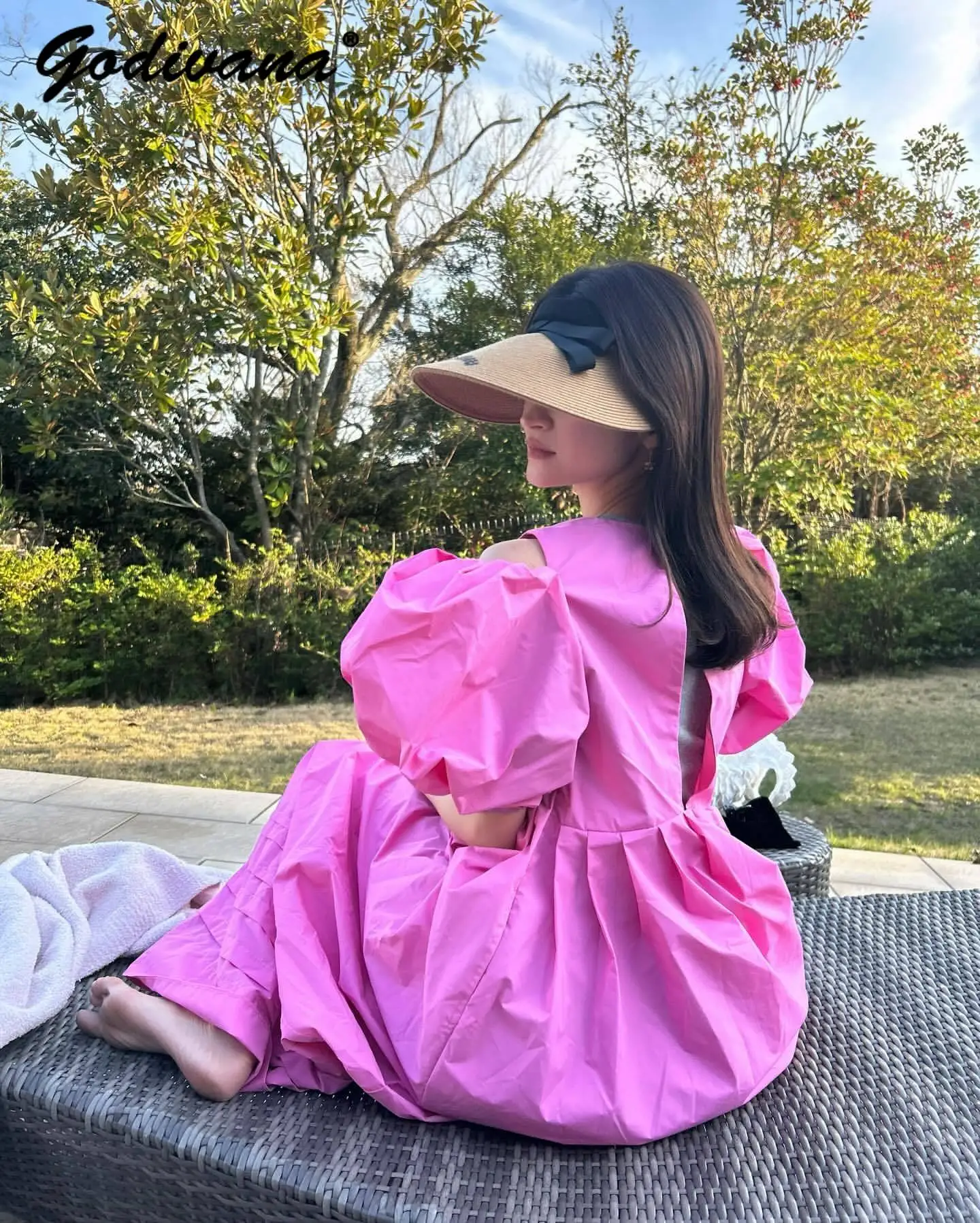 

Japanese Style Sweet Holiday Vacation Dresses Women's Solid Color Bubble Sleeve Big Hem Off Shoulder Loose Long Dress