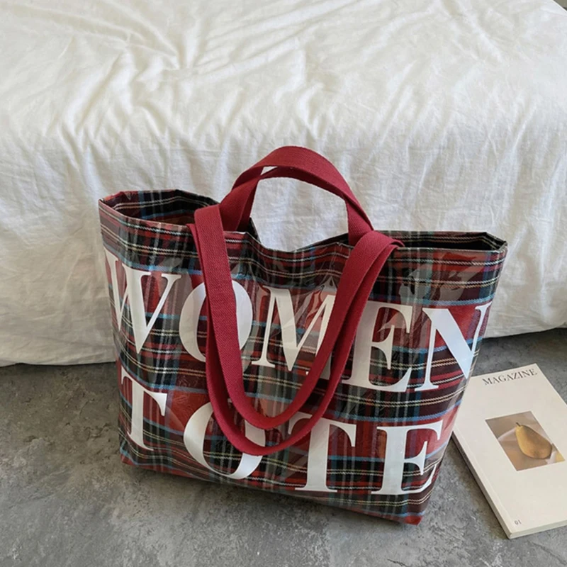 

2026 New Pvc Women's Plaid Tote Bag Trendy Letter Print Shoulder Bag Simple Waterproof Commuter Eco-friendly Large Shopping Bag