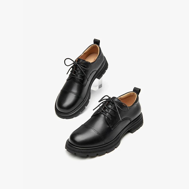 Beau Today Derby Shoes Women Round Toe Lace Up Genuine Leather Square Heel Casual Female Oxford Handmade 21529