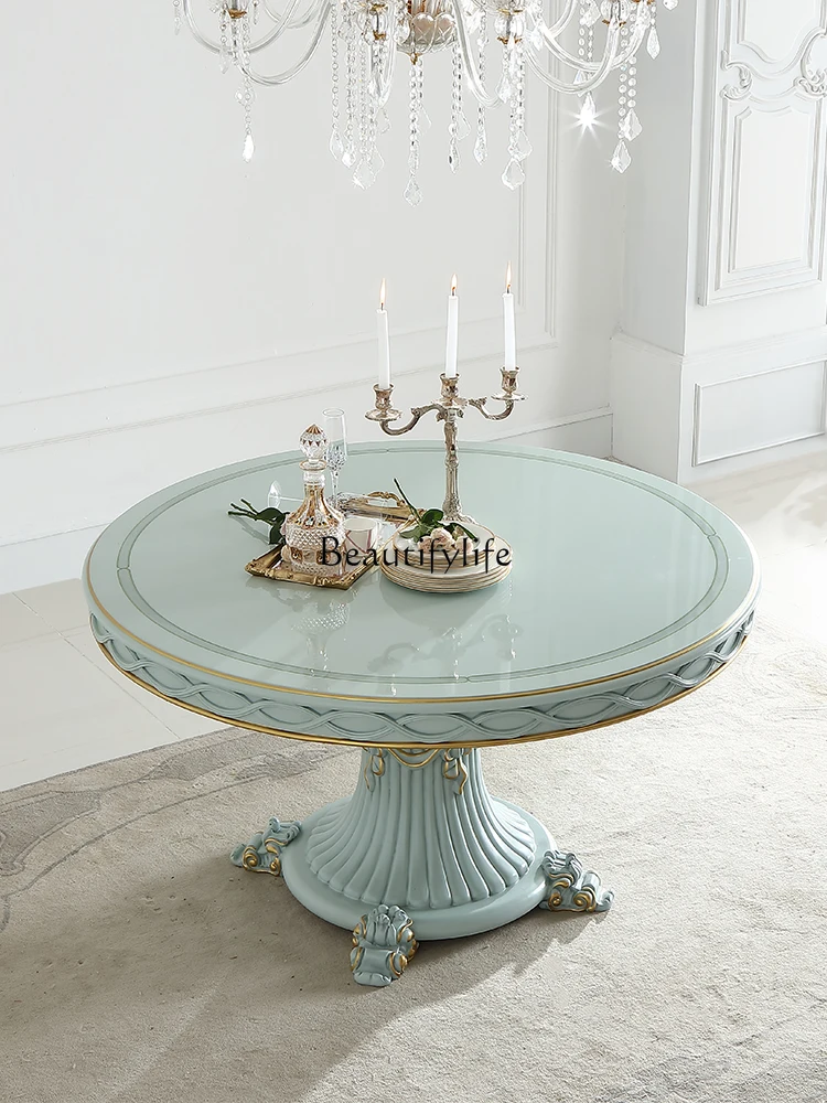 

Pastoral Small Apartment Wood Carved round Table Tiffany Blue