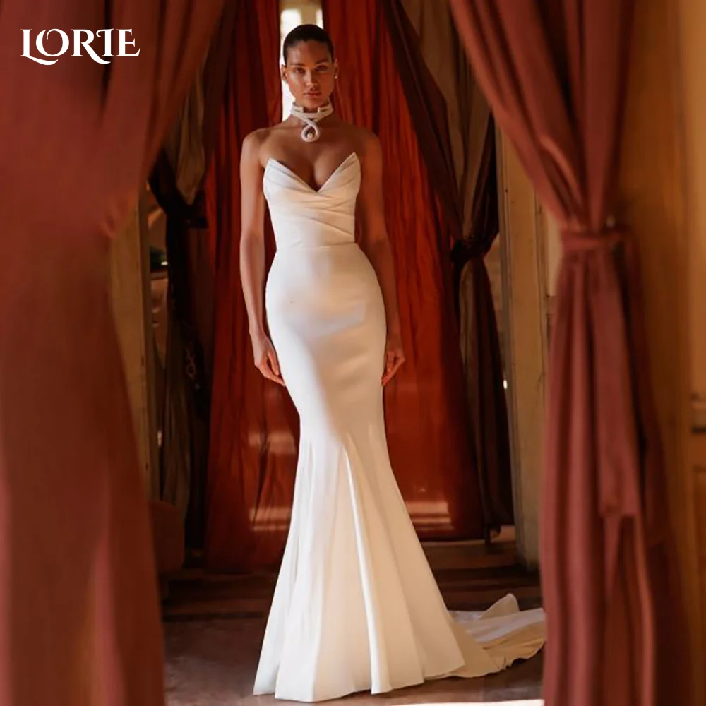 LORIE فساتين زفاف أنيقة من التل بدون حمالات على شكل حرف a طيات على شكل كرة فستان زفاف على الشاطئ متعدد الطوابق كشكش فستان عروس مخصص