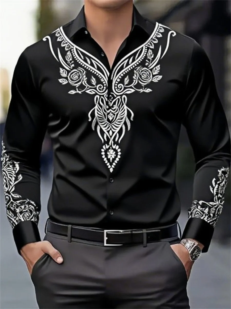 

Men's geometric print long-sleeved shirt spring and autumn new retro fashion lapel button shirt breathable versatile men's tops