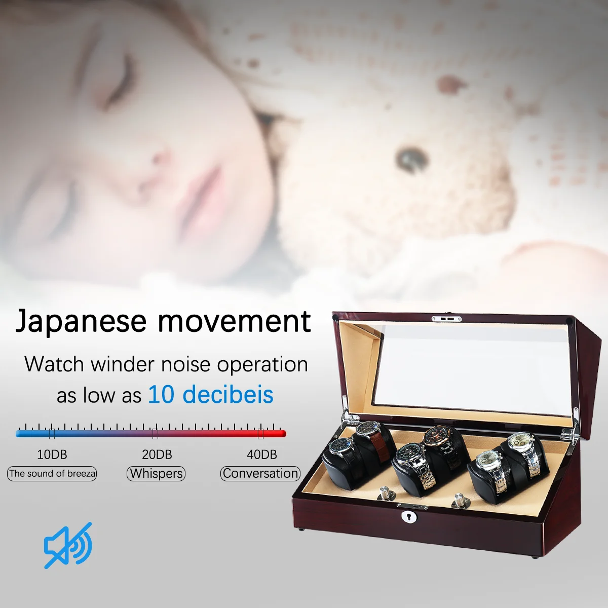 Watch Winder 6 Slot Automatic Watch Box with Mabuchi Mute Motor Key Unlocking Wooden Watch Box