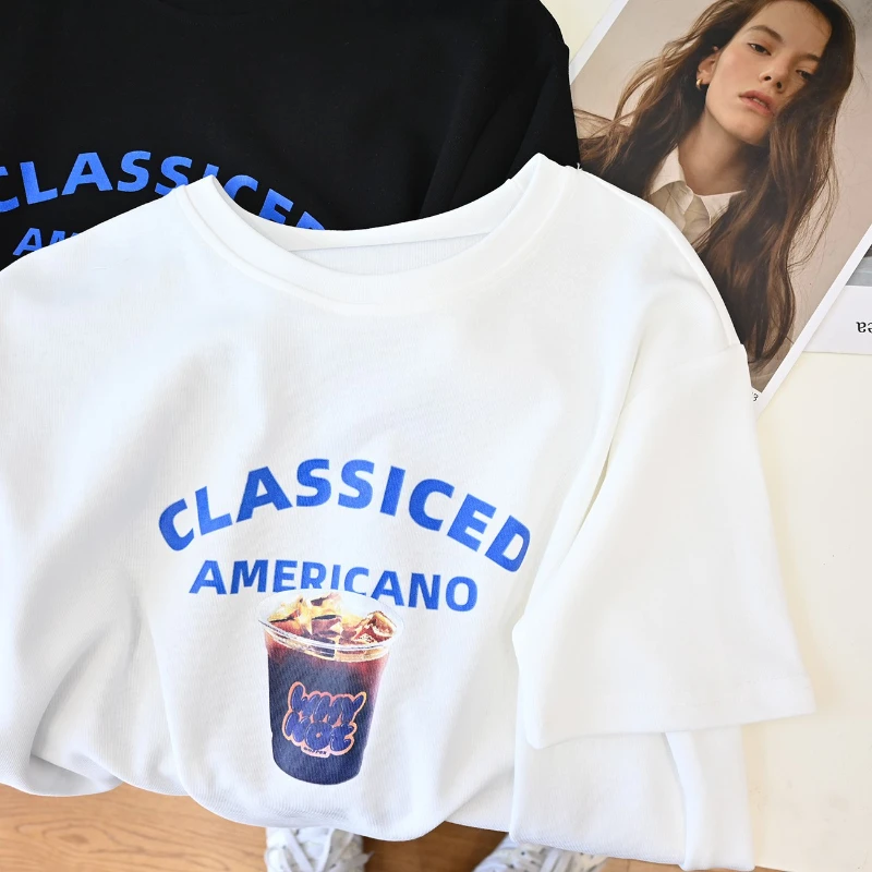 تي شيرت كلاسيكي مطبوع للقهوة من الولايات المتحدة ، جاراجاو ، على الطراز الكوري ، بسيط ، غير رسمي ، رقبة مستديرة ، بأكمام قصيرة ، بوليستر ، علوي