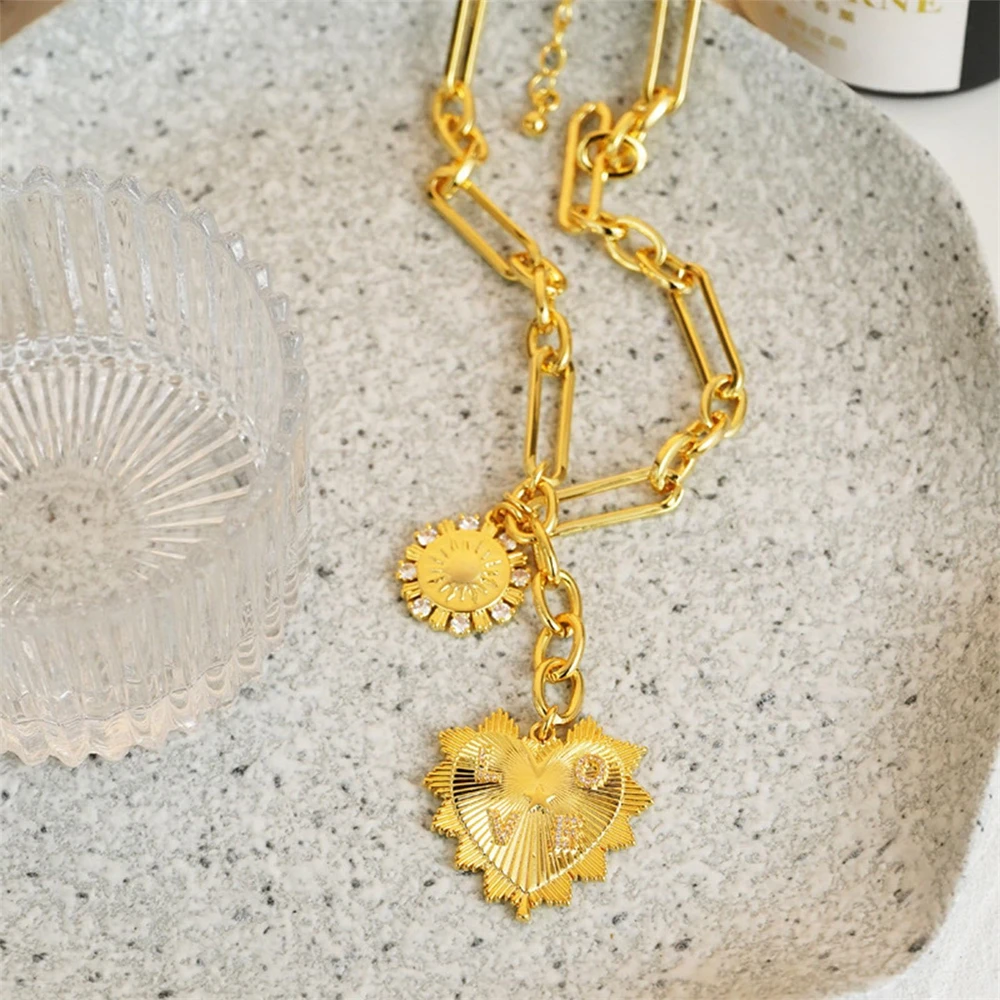 Chunky Gold Color Heart Pendants Necklace Sun Flower Necklaces for Women Aesthetic Jewelry Hip Hop Zircon Choker Christmas Gift