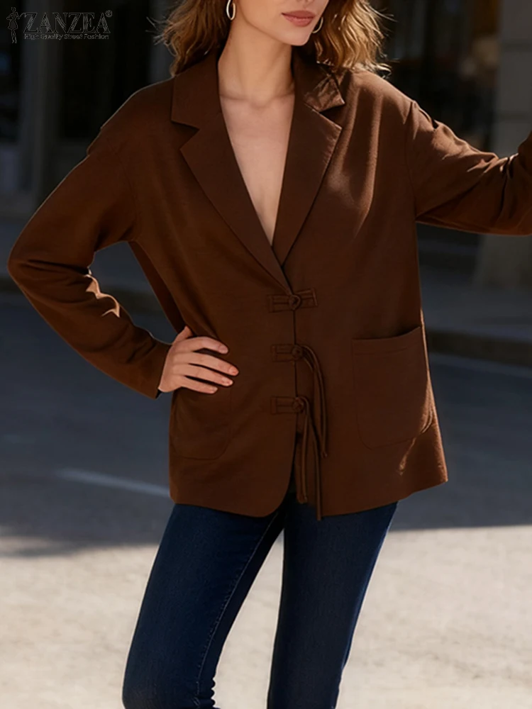 

ZANZEA 2022, женский модный пиджак на пуговицах, пальто с длинными рукавами, осеннее однотонное повседневное пальто, элегантный офисный женский пиджак, уличная одежда