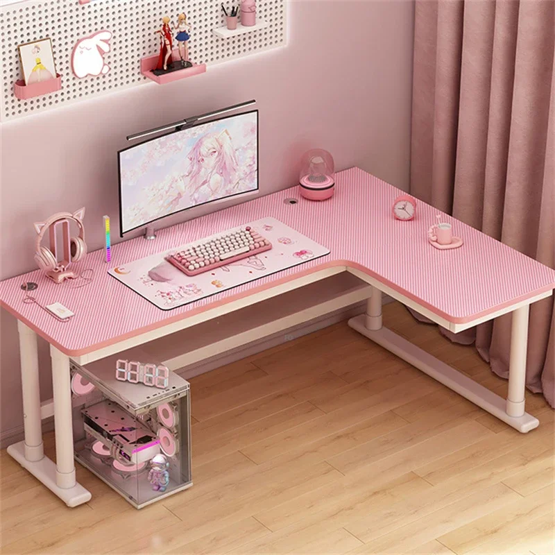 Corner Desktop Computer Desk Bookshelf Integrated Office Furniture Carbon Fiber Computer Table Pink Gaming Desk