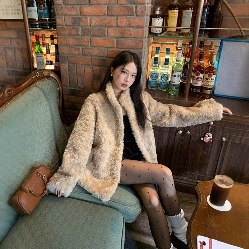 Women Faux Fur Coats Jackets Turn Down Collar Mid Length Coat Thick Warm Y2k Streetwear Jacket Elegant Outerwear Autumn Winter
