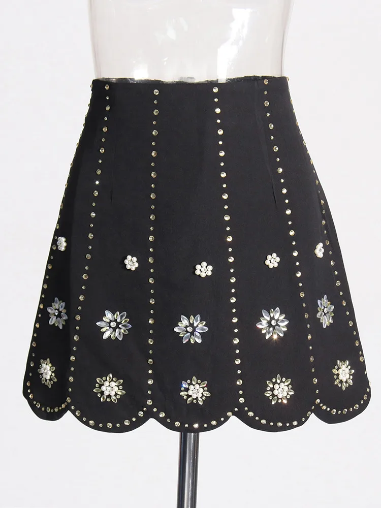 TWOTWINSTYLE Solid Patchwork Diamonds Elegant Mini Skirt For Women High Waist Temperament A Line Skirts Female Fashion Clothes