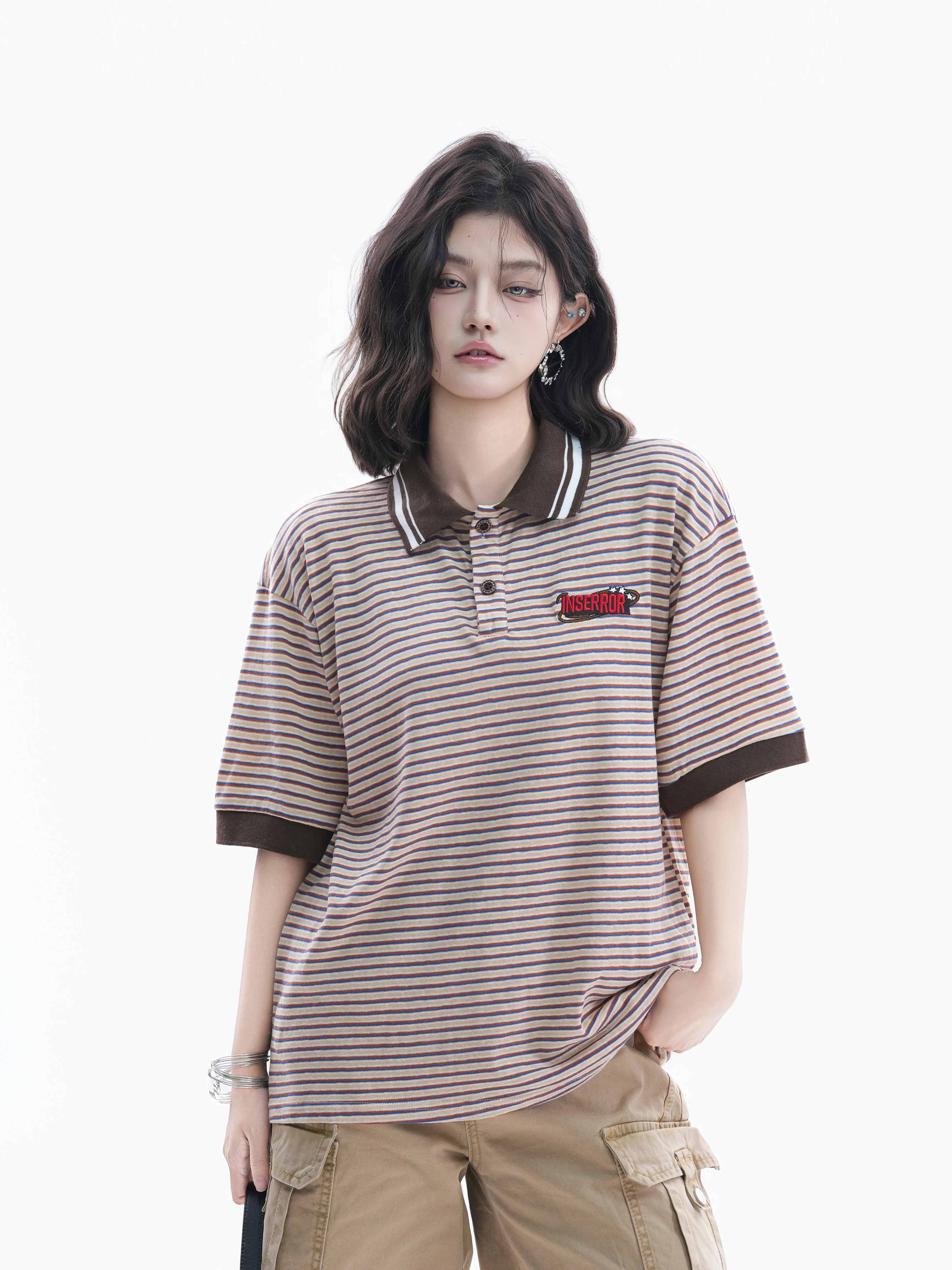 

Small Ball Stripe Short Sleeve Loose Fit Women's T-shirt Vintage American Contrast Color Collar Couple's Trendy Top