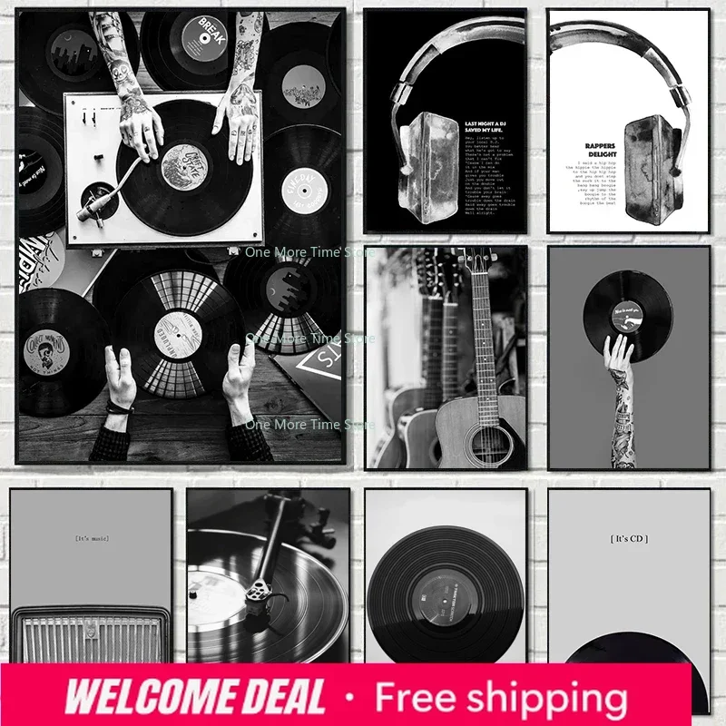 Vintage Music Vinyl Record Poster Wall Art Black and White Picture Headphone Lyrics Diamond Painting Prints Music Studio Decor