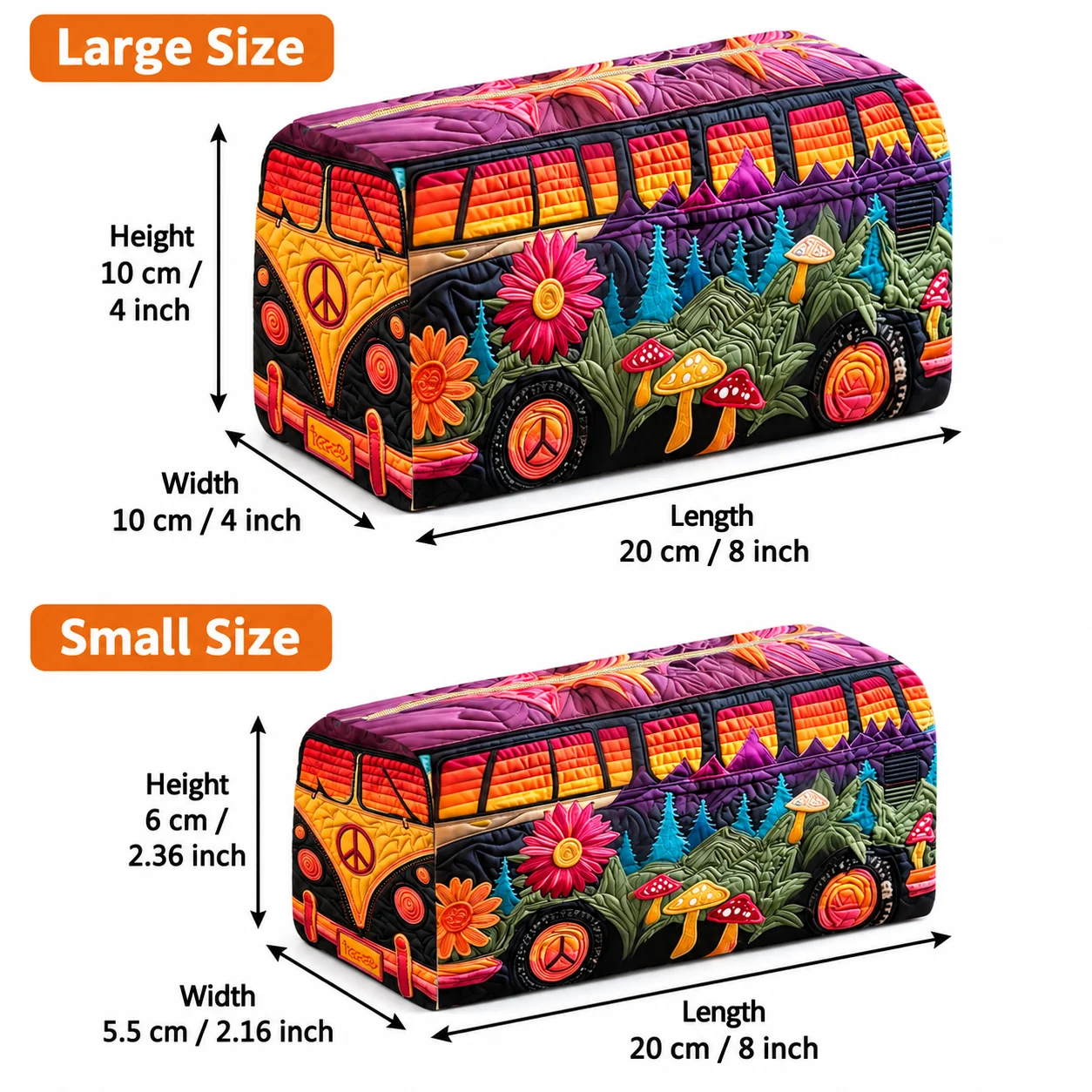 Hippie Bus Print Cosmetic Bag Vibrant Quilted Look Zipper Pouch Travel Toiletry Organizer Pencil Case Makeup Storage Bag Women