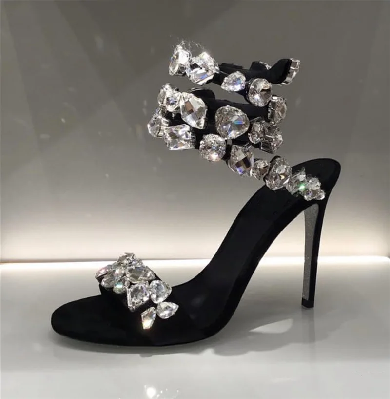 Sandalias de tacón de aguja con gemas de serpiente para mujer, zapatos de fiesta de tacón alto con punta abierta y piedras multicolores con diamantes de imitación, verano 2026