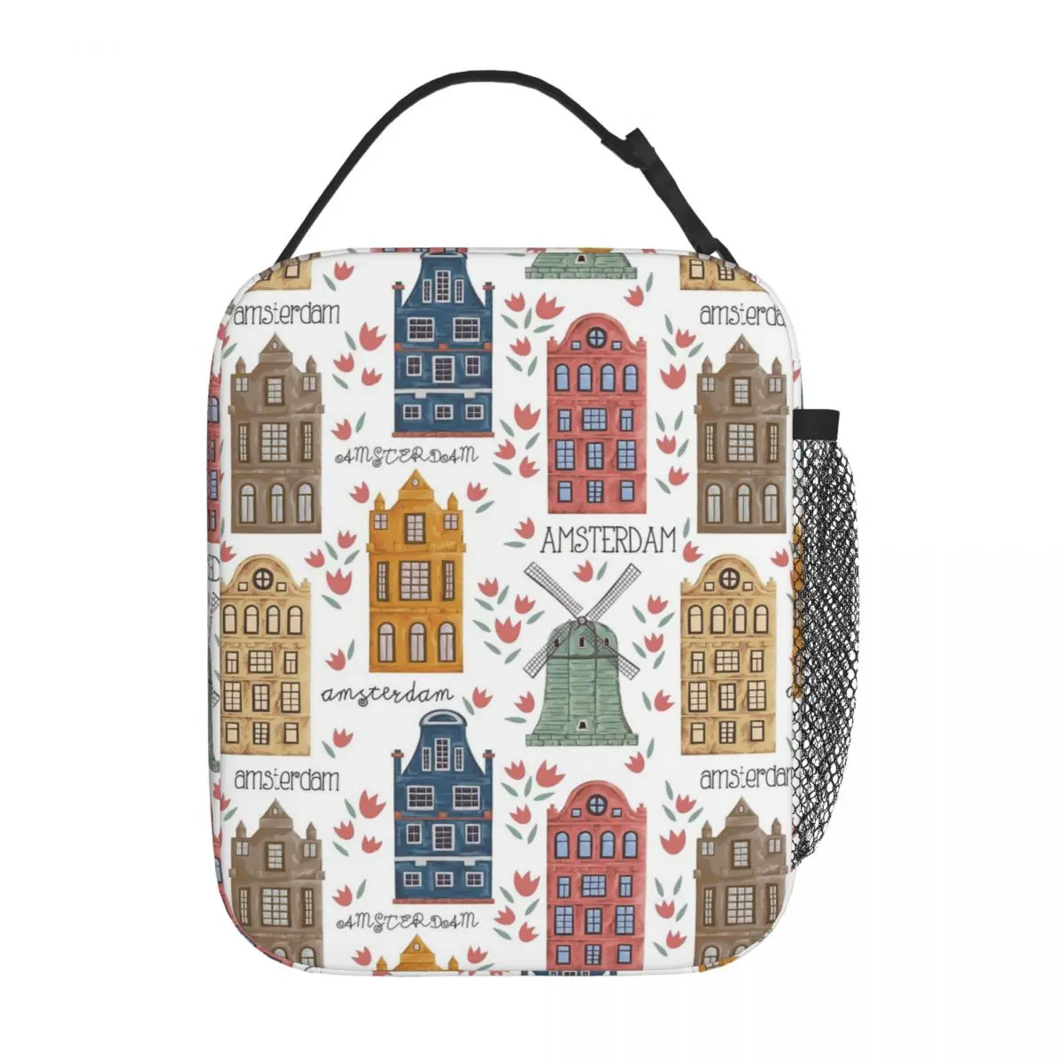 Amsterdam. Seamless Pattern With Old Historic Buildings Insulated Lunch Bag for Women Kids Portable Food Boxes Thermal Lunch